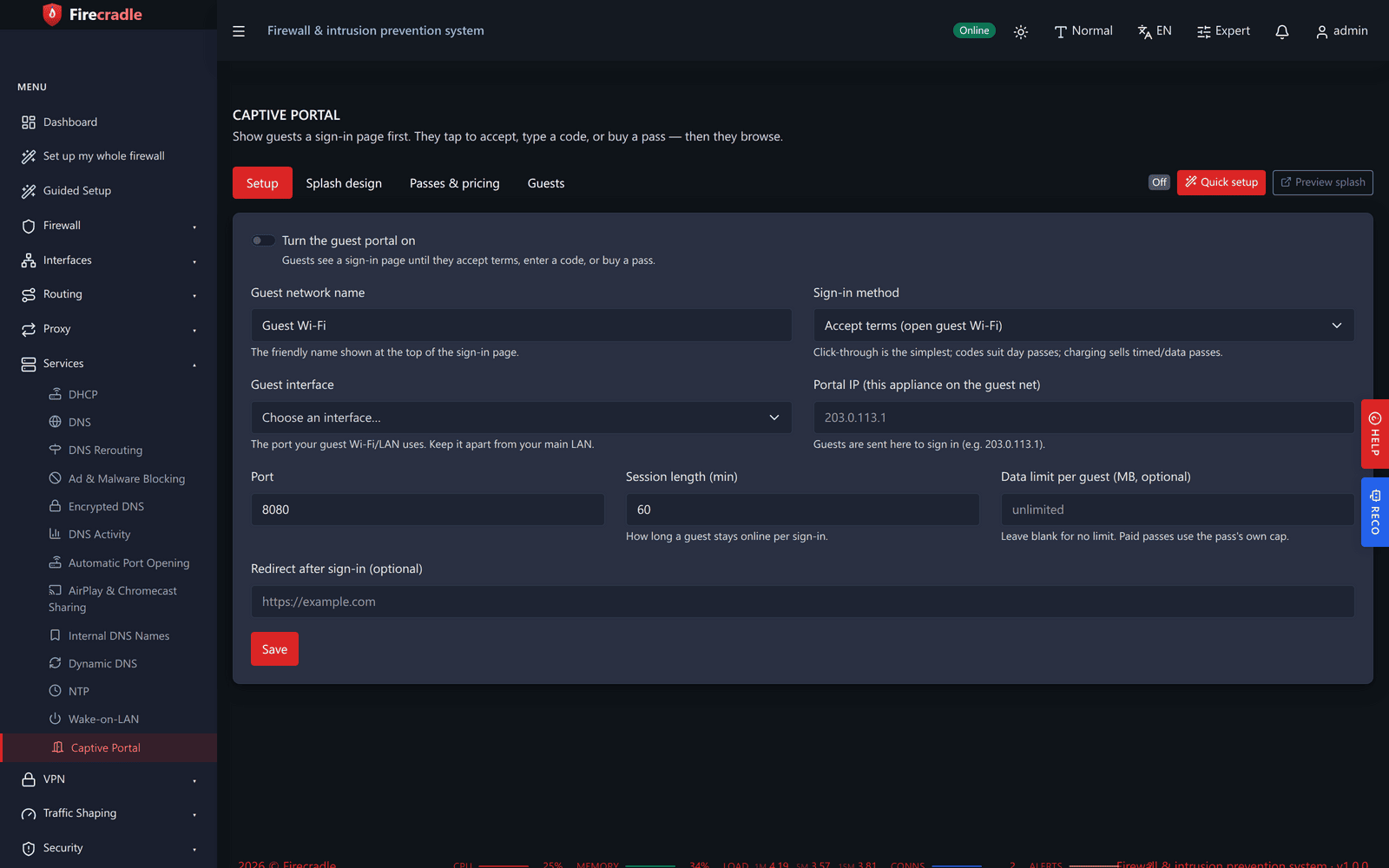 Firecradle captive portal sign-in page showing a branded splash screen with a code entry field and a list of paid Wi-Fi plans with their price and duration