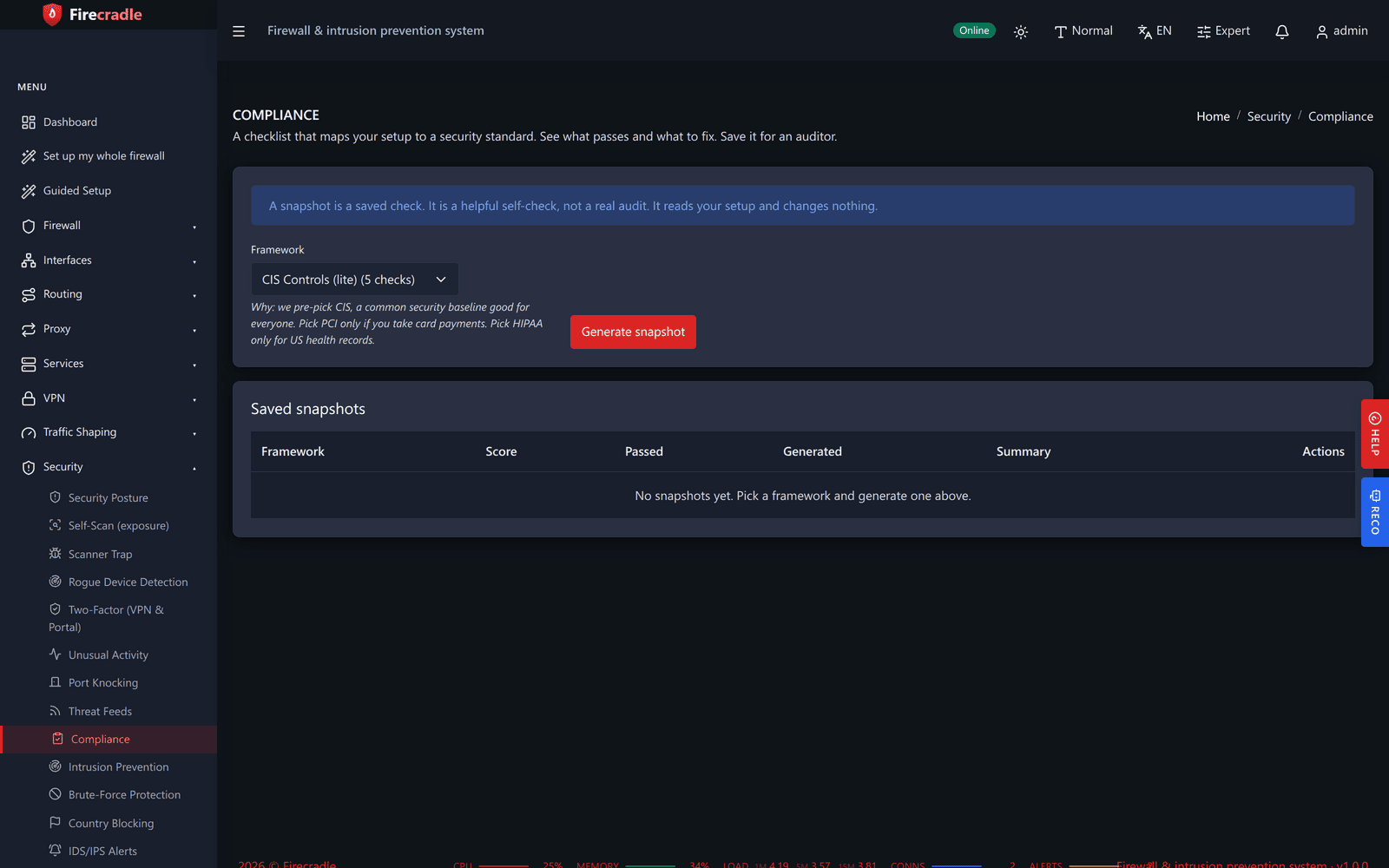 Firecradle compliance screen showing PCI, HIPAA and CIS-lite checklists, each with a pass or fail count and an export report button