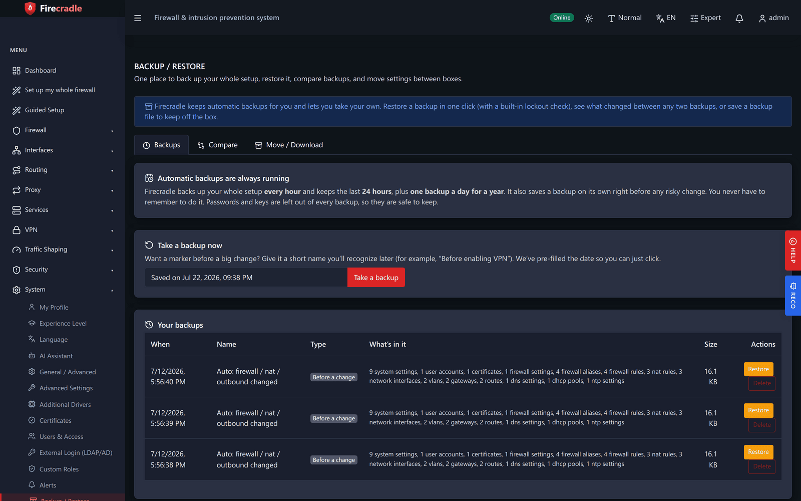 Firecradle configuration history screen showing a timeline of automatic snapshots, each labelled with what changed and who made the change, with a rollback button