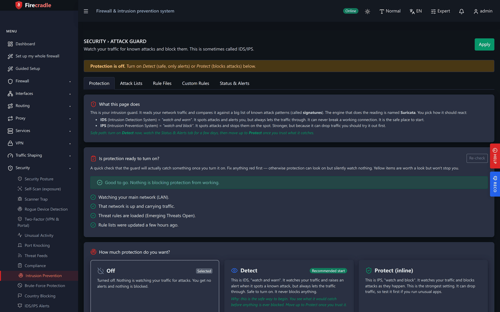 Firecradle IDS/IPS screen showing engine status, mode toggle between IDS and IPS, loaded rule count, and a list of recent alerts with source address and action taken