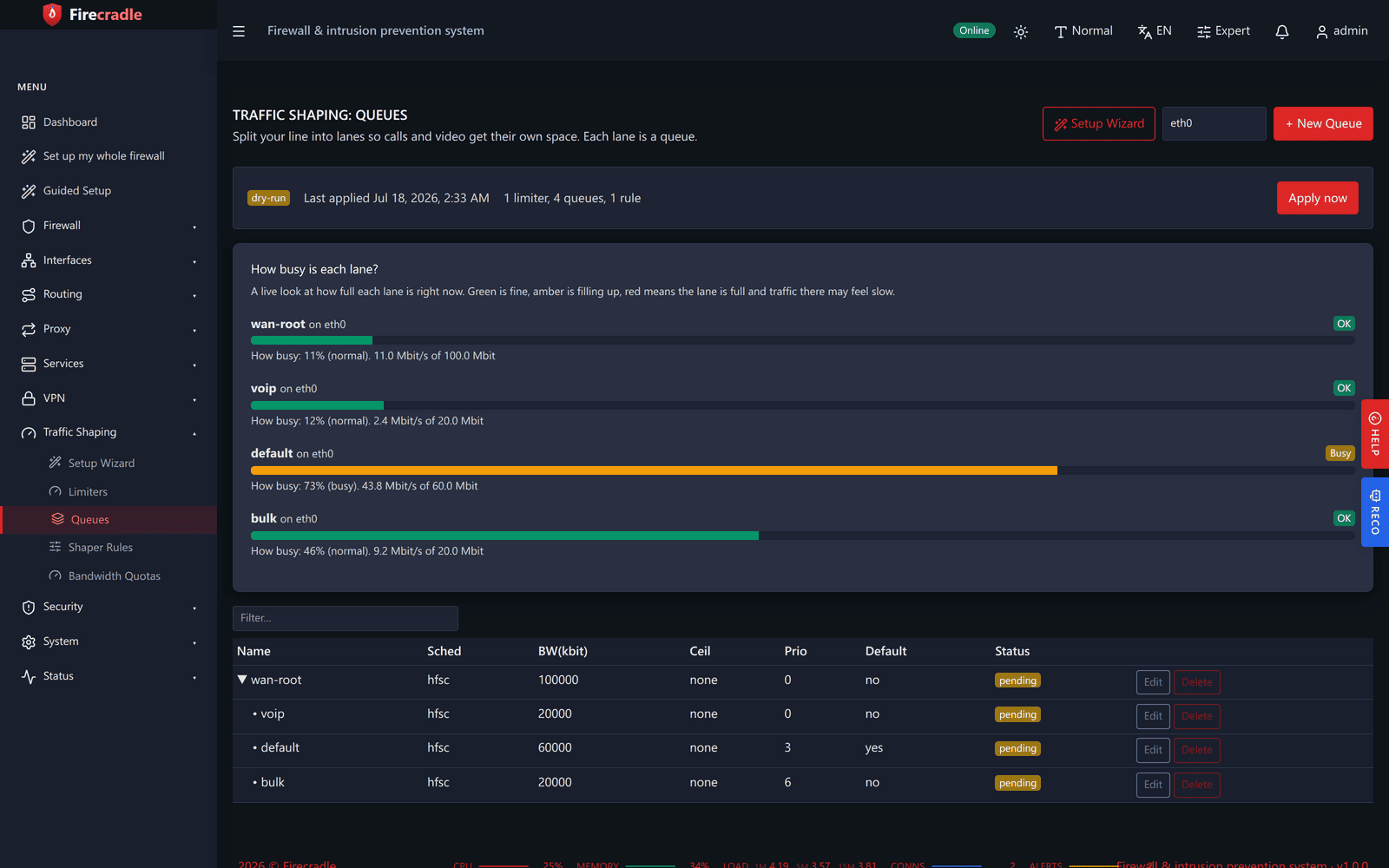 The traffic shaping screen with priority queues for calls, video, and downloads