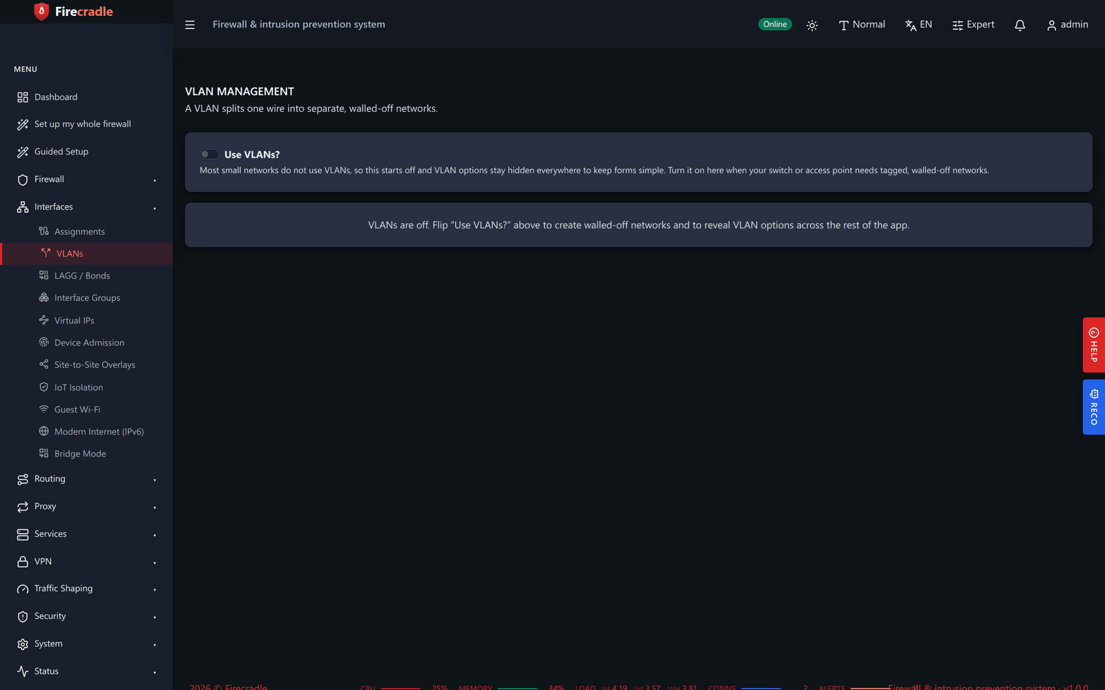 Firecradle VLANs screen listing separate networks for work, family devices, and smart-home devices, each with its own address range